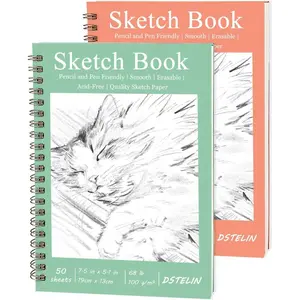 2 Pack Hardcover Sketchbooks (100 GSM Sketch Paper), 7.5x5.1 Inch Spiral Sketch Book for Sketching, Drawing, Painting, 50 Sheets per Pack, Pink and Green
