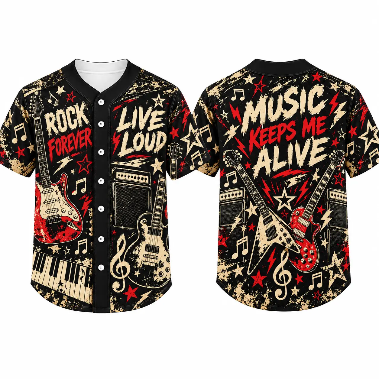 Men’s rock-style baseball jersey with black, gold, and red color blocking, featuring an all-over print of guitar notes, lightning bolts, and stars; a bold, trendy English graphic pattern with vintage button placket and short sleeves in a loose streetwear