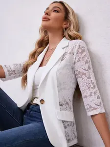 Lace-Panel Floral Blazer Jacket, Sheer Half-Sleeve Design Outerwear, Tailored Single-Button Fit, Elegant Commuter for Chic Dates