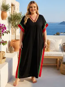 Plus Size Patchwork Print Batwing Sleeve Kaftan Maxi Dress, Boho V Neck Split Hem Long Dress, Women's Plus Clothing for Summer Daily Wear, Boho Casual Kaftan
