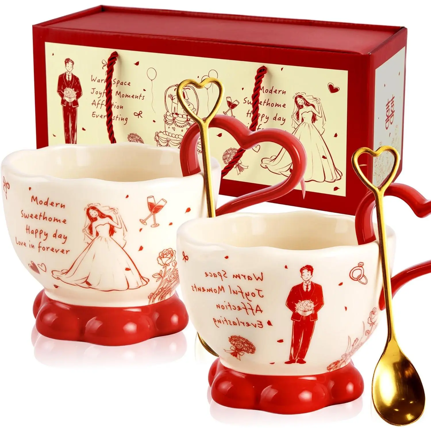 Mr and Mrs Coffee Mugs Set - 13Oz Heart-Shandle Red Couple Mugs for Wedding Engagement, His and Hers Ceramic Mugs with Gift Box