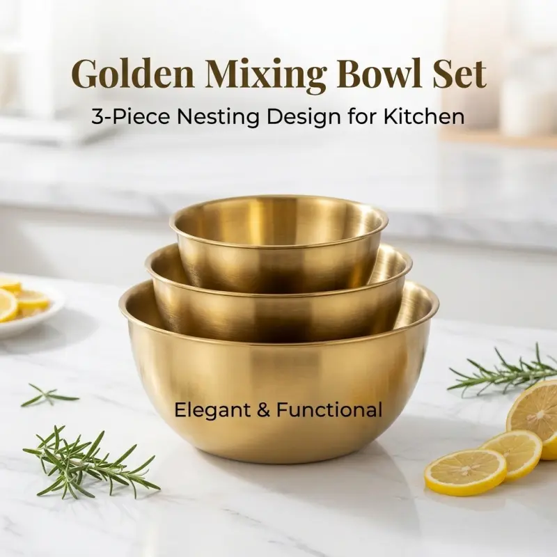 3-Piece Golden Stainless Steel Nesting Mixing Bowl Set, Elegant & Functional Stackable Bowls for Kitchen Prep, Baking, Serving & Storage, Meal Prep Bowls, Food Storage Bowl