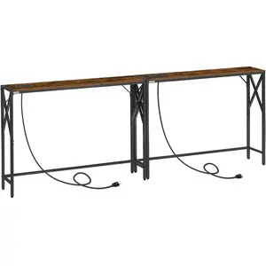 2 Pack Narrow Sofa Table with  Station, 39.4" L x 5.9" W x 29" H, Skinny Console Table, Long Entryway Hallway Couch Table with Power Outlets, Rustic Brown CTHR151E01S2