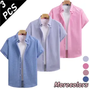 Men’s summer plaid short sleeve shirts, 3 pack — fresh casual style with a classic small check pattern and turn down collar design; breathable, skin friendly fabric; can wear alone or layer; available in multiple colors.
