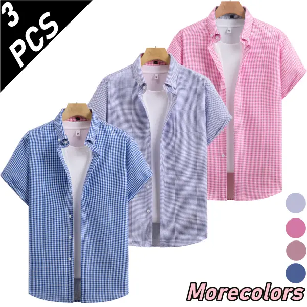 Men’s summer plaid short sleeve shirts, 3 pack — fresh casual style with a classic small check pattern and turn down collar design; breathable, skin friendly fabric; can wear alone or layer; available in multiple colors.