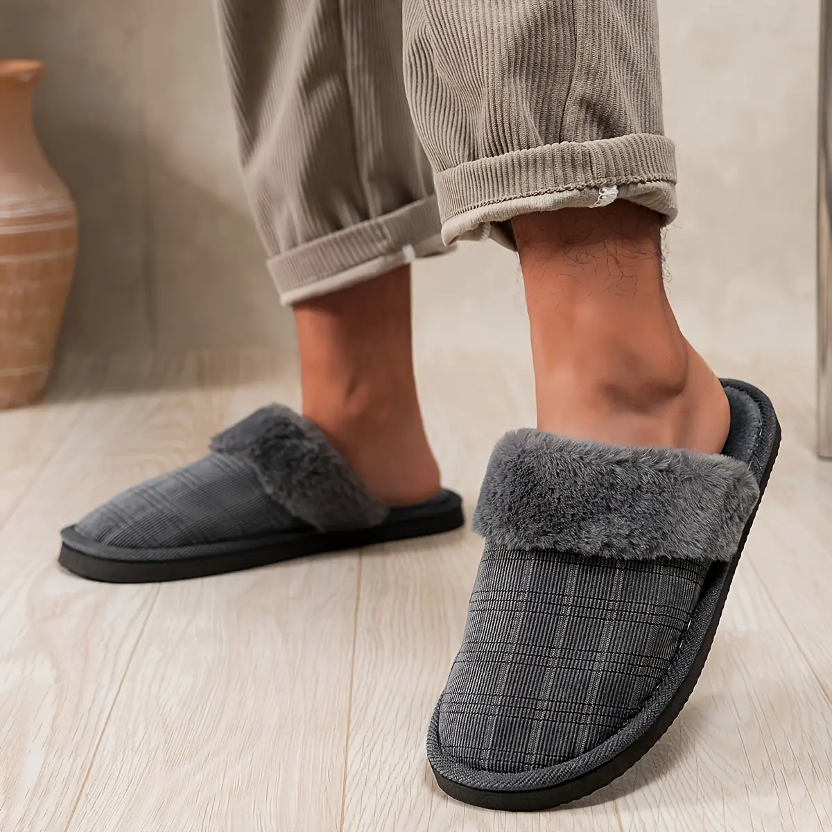 Men's Classic Corduroy Slippers - Casual Slide/Slip-On Men's Shoes with Plush Collar, Breathable Fuzzy Lining, Anti-Skid EVA Sole, Closed Heel for Loungewear & Year-Round Indoor Use