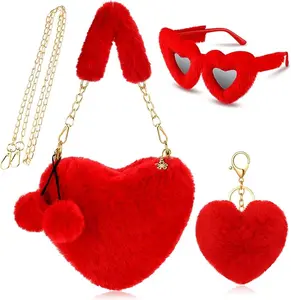 Abbylike 3 Pcs Furry Heart Shaped Gifts Fluffy Faux Fur Crossbody Chain Shoulder Bag for Women Valentine Gift