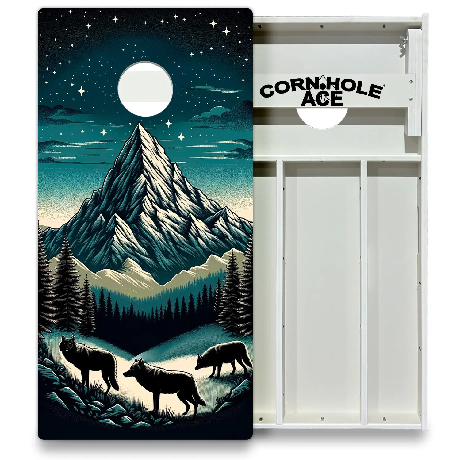 Moonlit Alpine Wolves Cornhole Board Set | All Weather