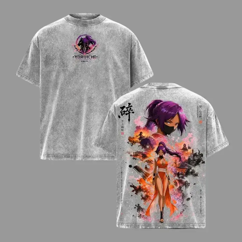 Yoruichi Bleach Anime Graphic Tee Vintage Acid Wash Oversized T-Shirt for Men Women Goddess of Flash Purple Ninja Aesthetic Japanese Streetwear Y2K Retro Casual Top Perfect Gift for Otaku Shonen Manga Lovers Waifu Apparel Y2K Fashion Street Style Outfits
