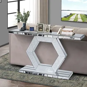 [Annalile] Sparkling Crystal Hexagon Mirror Entryway - Premium Modern Foyer Console Table with Diamond Glass Effects, Dual-Tier Luxury Sofa Table (55"L x14.17"W * 31.5''H)   Unique furniture