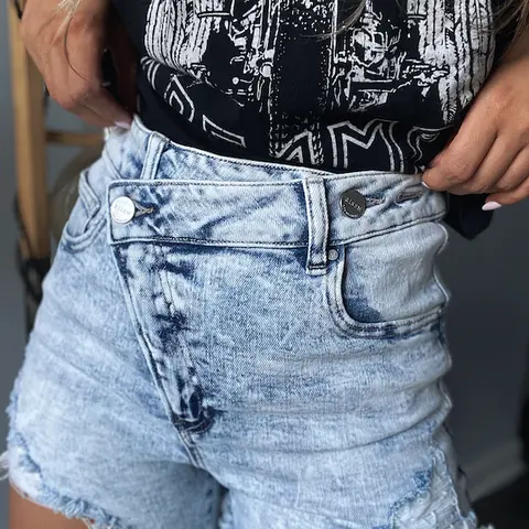 Women's High-Waisted Lindsey Asymmetrical Distressed Shorts - Acid Light Wash, Casual Lived-In Fit, Asym Button Detail, Sleek Lines, Pockets, Button-Accent Bottoms