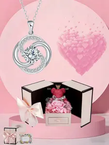 "Sparkling Diamond Glow" four-leaf clover necklace with a stylish luxury pendant. Comes with a lovely pink teddy bear rose gift box, ideal as a romantic gift for holidays, dates, birthdays, Valentine’s Day, and for your wife or daughter.