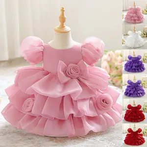 Pink 3D Flower Anniversary 3008 Bow Baby Girls Clothes Infant Birthday Cocktail Dress Toddler Pageant Newborn Ball Gown Princess Baptism Frock 6M-3Y
