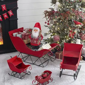 Vintage-Style Red Iron Santa Sleigh Christmas Decor with Distressed Finish for Festive Home Decor Iron Construction Perfect for Holiday Displays