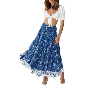 ZESICA Women's 2026 Summer Bohemian Floral Printed Elastic Waist A Line Maxi Skirt with Pockets
