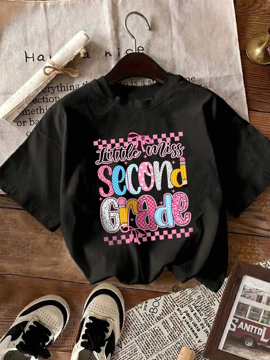 Girls & Teenagers Students Casual Printed Black Crew Neck Short Sleeve T-Shirt Top, Summer