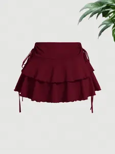 Women's Solid Color Ruffle Hem Tie Side Skirt, Casual Fashion Layered Skirt for Daily Wear, Ladies Summer Bottoms