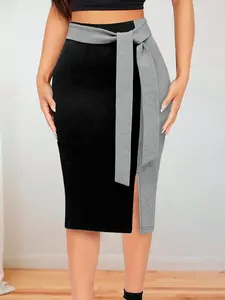 Summer Women's Elegant Solid Midi Skirt, Slim-Fitting, Patchwork Design, Split Detail, Perfect for Outing, Date, Party, Travel, Daily Wear