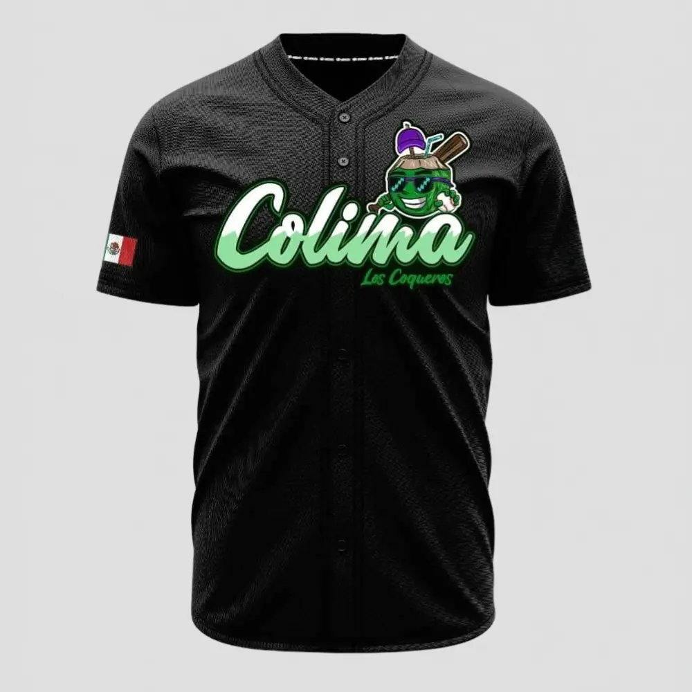 Colima Los Coqueros Baseball Jersey – Mexico Heritage Button-Up Sports Shirt, Coconut Mascot Graphic Athletic Jersey, Breathable Mesh Baseball Top, Casual Fan Apparel Gift for Men & Women