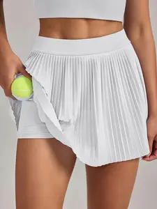 Women's Solid Color Pleated Tennis Shorts, Casual High Waist Shorts, Suitable for Running, Indoor and Outdoor Wear, Tennis Skort
