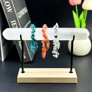 【Star Gate】1 count Selenite Crystal Bracelet Display Stand | Elegant Jewelry Holder with Wooden Base