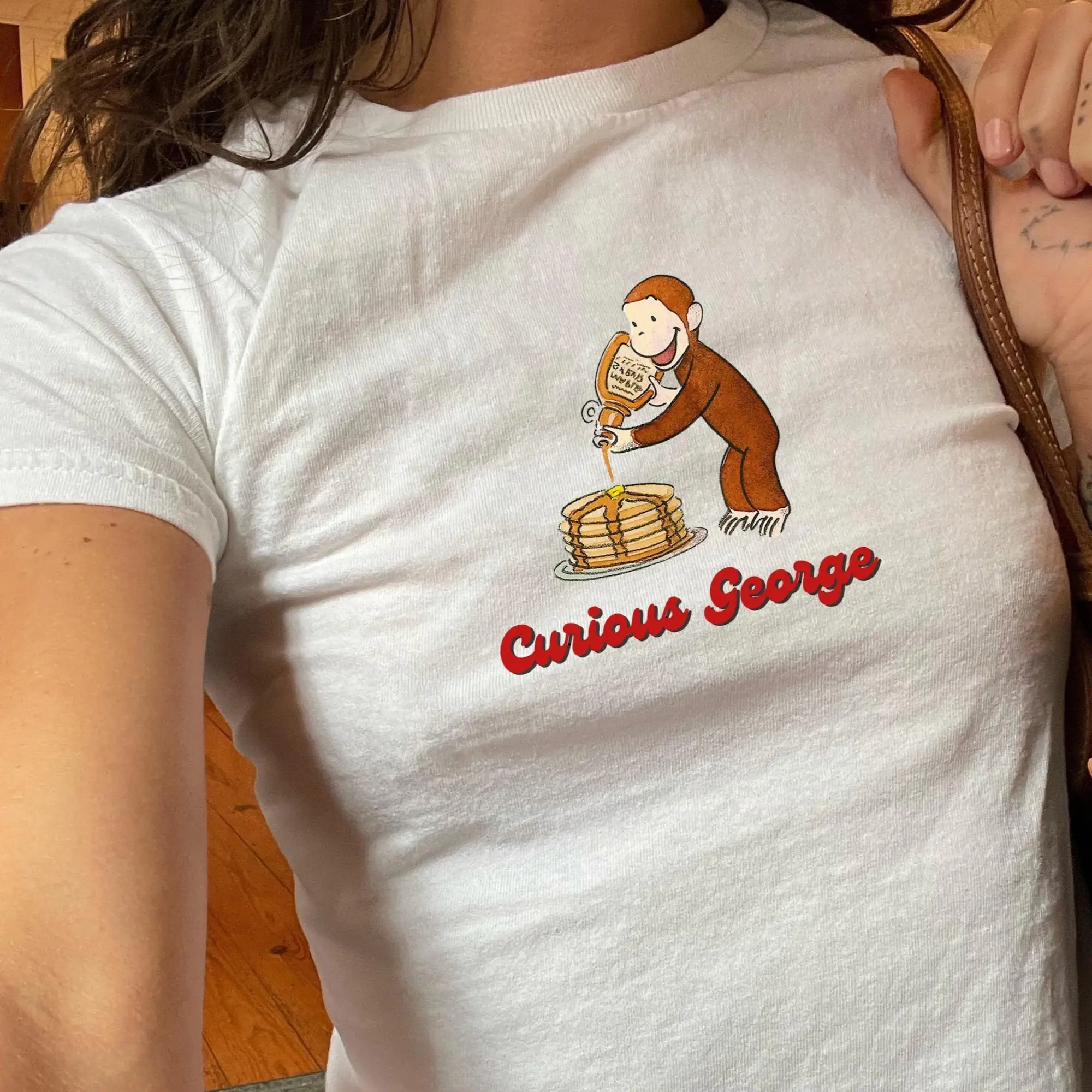 Sale up to 50% - Curious George Graphic Baby Tee - good morning pancakes shirt, cute pancake graphic top, trendy baby tee, y2k babytee kids nostalgic cartoon