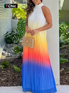Women's Ombre Gradient Woven Pleated Maxi Dress, Vacation Sleeveless Dress for Beach Holiday Vacation, Ladies Summer Clothes