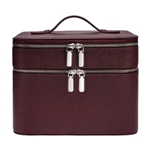 Vanity Case Burgundy Large Travel Makeup Bag Organizer with Removable Divider Zipper Cosmetic Bag Compact