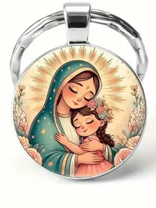 Floral Mary Design Keychain, Alloy Glass Round Keyring, Elegant Women's Accessory, Ideal Mother's Day Gift, Stylish Jewelry Item
