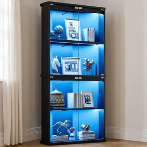 62" Corner Display Cabinet with 7-Color LED Lights, 4-Tier Glass Door Curio Case with Human Body Sensor for Collectibles, Toys & Books (Black)