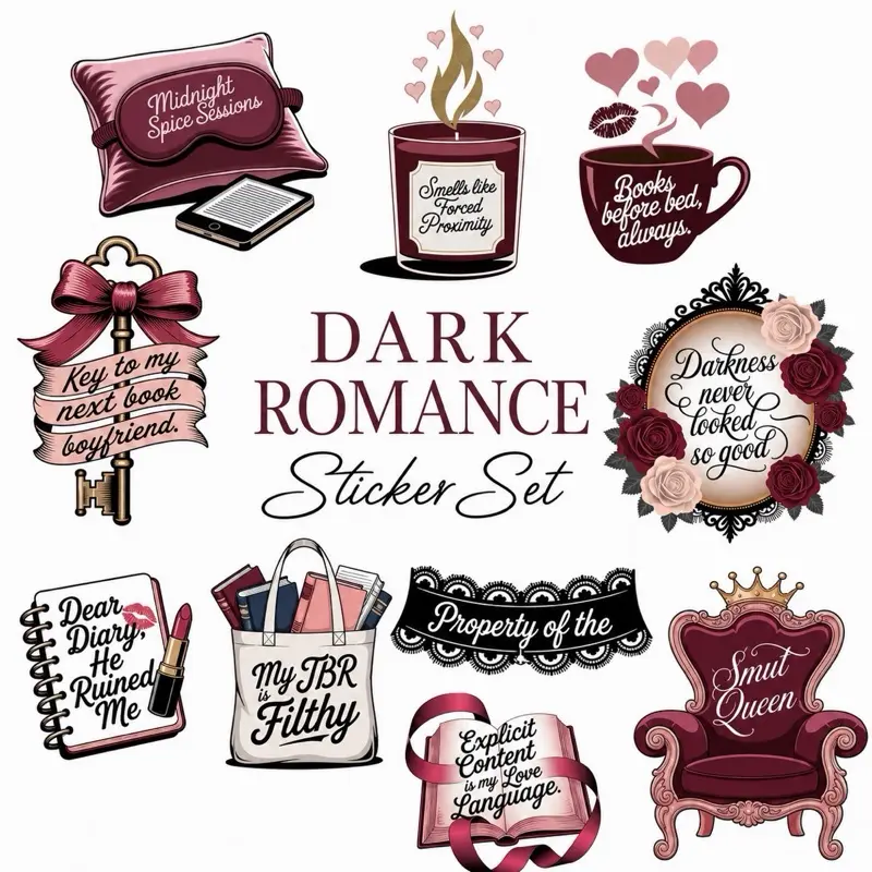 13 Dark Romance-Inspired Waterproof Vinyl Decal Stickers Set - Assorted Gothic Vibrant Decals, Long-Lasting Fade-Resistant Colors, Book Lover Gifts for Laptop, Water Bottle