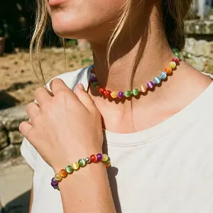 2Pcs Reactive Color Changing Beads Bracelet Necklace Set, Sun Activated Rainbow Gradient Jewelry for Women, Adjustable Summer Beach Vacation Fashion Additions for Daily Wear Party Gift