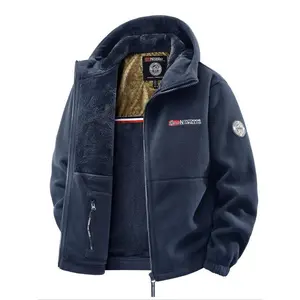 Men’s hooded casual fleece jacket with zipper, embroidered letter design, comfortable knit fabric for fall and winter, stylish outdoor sportswear coats