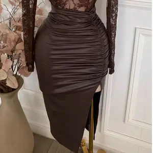 Lili Brown Skirt - Brown Ruched Design High Waist Midi Skirt for Women