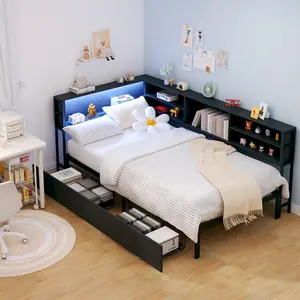 Twin Size Corner Daybed Bed Frame with Storage Drawers, Bookcase Headboard, LED Lighting & USB Charging Station, Metal & Engineered Hardwood, No Box Spring Required for Bedroom