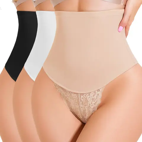 JUQDNX High Waist Shaping Thongs Tummy Control Compression Slimmer Lace Girdle Panties for Flattering Silhouette Breathable Casual Shapewear Women Corset Faja Medium Control Breathable Fabric，Halloween & Black Friday Style