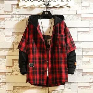 Fashion men's wear: New Men'S Korean-Style Versatile Fake Two-Piece Spliced Shirt with Pockets, Hooded Plaid Top, Button-Up Cardigan with Long Sleeves for Spring And Autumn. jason kelce tracksuit jogger sets
