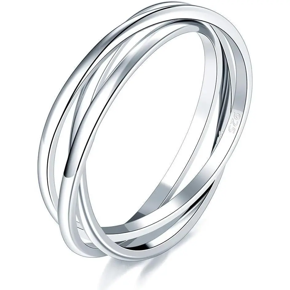 Silver Ring, 14K Gold Plated Fidget Anxiety Ring, Triple Row Rolling Interlocking Stacking High Polish Band for Women, Men| Each Band Width 1.8mm 3mm Size 4-12