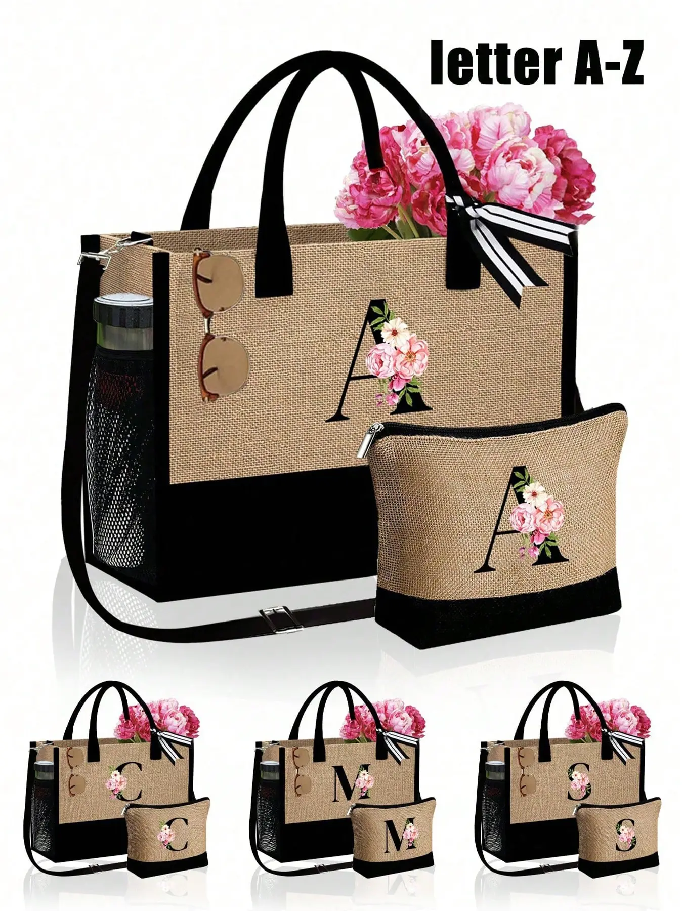 Women's Beach Handbag Set with Makeup Bag, Elegant Stylish Purse, Vanity Purse, Letter A-Z Print, Large Capacity, Ideal for Weddings, Birthdays, Holidays, Gifts