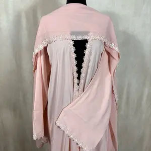 Safa Pink Lace Floral Abaya Modest Elegant Baby Pink Long Sleeve Abaya with Floral Lace and Matching Hijab for Women Perfect for Spring