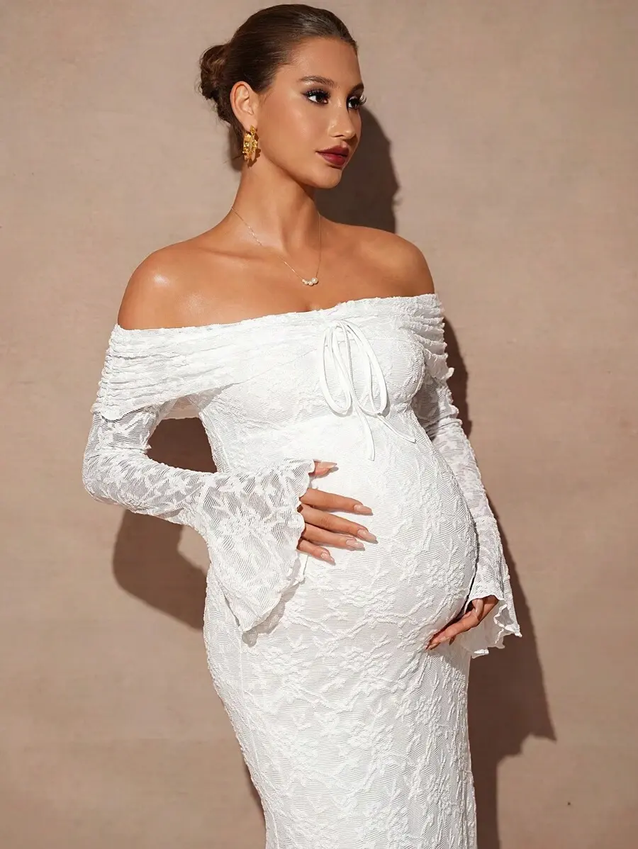 MaterniRIO Maternity White Dress Autumn And Winter Maternity Solid Color Off Shoulder Flare Sleeve Lace Fitted Long Dress Fall