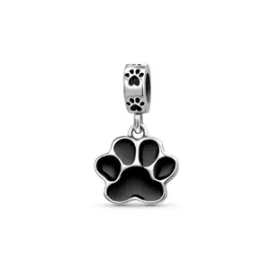 .925 Sterling Silver Pet Animal Lover Black Dog Cat Puppy Kitten Paw Print Dangle Charm Bead
