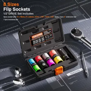 Lug Nut Socket Set, 8 Size 1/2-Inch Drive Wheel Impact Flip Hex Socket Set, Non-Marring & Thin Wall Lug Nut Socket Set, Lug Nut Removal Tool For Car, Cr-Mo Steel, W12206