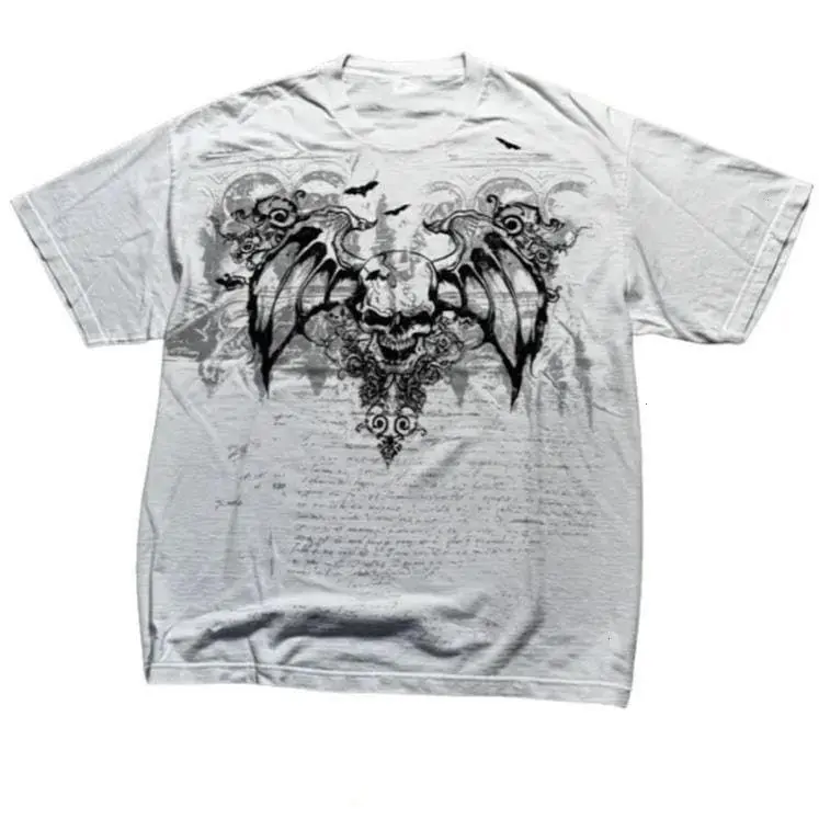 Vintage Winged Skull Gothic Graphic Tee Distressed Grunge White T-Shirt