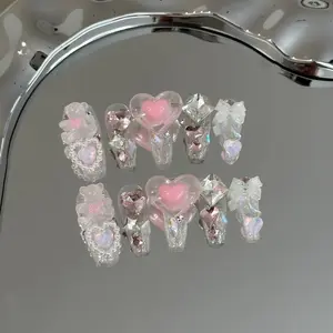 10 Cartoon Bear Heart Glitter Fake Nails Set, Detachable Nail Stickers, Includes Jelly Glue and Nail File Tool, Daily Wear