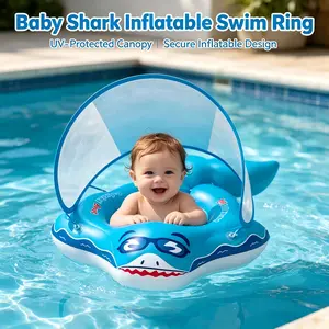 Shark-shaped Baby Swim Ring with Sun Canopy, Anti-rollover Infant Float Ring, Must-have for Summer Water Fun view wide