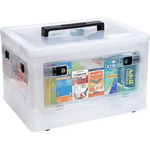 Large Medicine Box with Handles, First Aid Box Clear Medical Supply Organizer with Removable Tray, Multipurpose Medicine Chest with Wheels