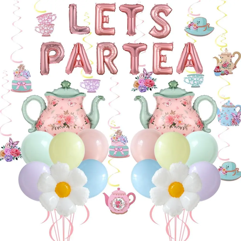 26-Piece Tea Party Decorations Pack - Macaron Latex, 1 Pack Lets Partea Foil Balloons, Daisy Accents, Balloon Arch Kit, Teacup & Teapot Hanging Swirls, Air Pump - Festive Spring Birthday Supplies, Party Gifts