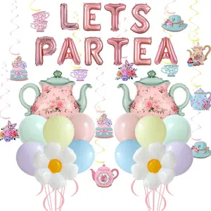 Tea Party Decorations 26Pcs Macaron Balloons with LETS PARTEA Foil Balloon Banner, Teacups andTeapot Hanging Swirls for Floral Spring Birthday Mother's Day Talking Tables Tea Party Supplies