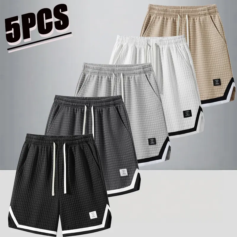 Men’s waffle-knit shorts, 5-pack — American street-style design, breathable and skin-friendly waffle fabric for a cool, comfortable feel; drawstring elastic waistband that hugs the body; contrast piping adds a distinctive touch; relaxed fit suitable for a